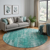 8' Teal And Aqua Striped Shag Washable Round Rug With UV Protection - HomeRoots - Flyclothing LLC