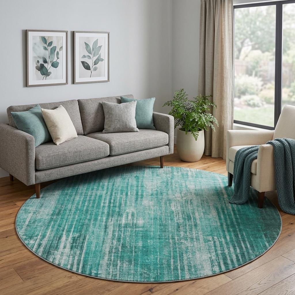 8' Teal And Aqua Striped Shag Washable Round Rug With UV Protection - HomeRoots - Flyclothing LLC