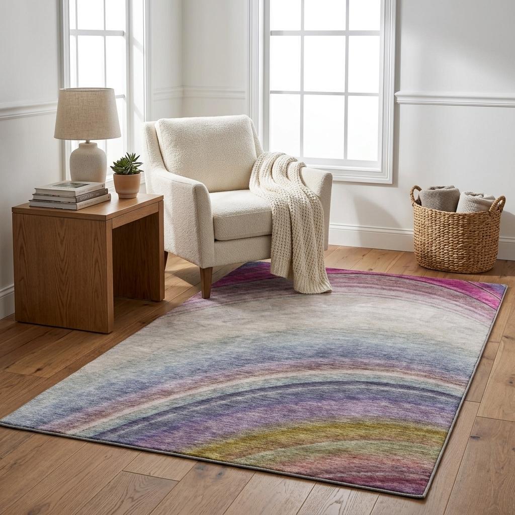 5' X 8' Beige And Purple Abstract Shag Washable Area Rug With UV Protection - HomeRoots - Flyclothing LLC