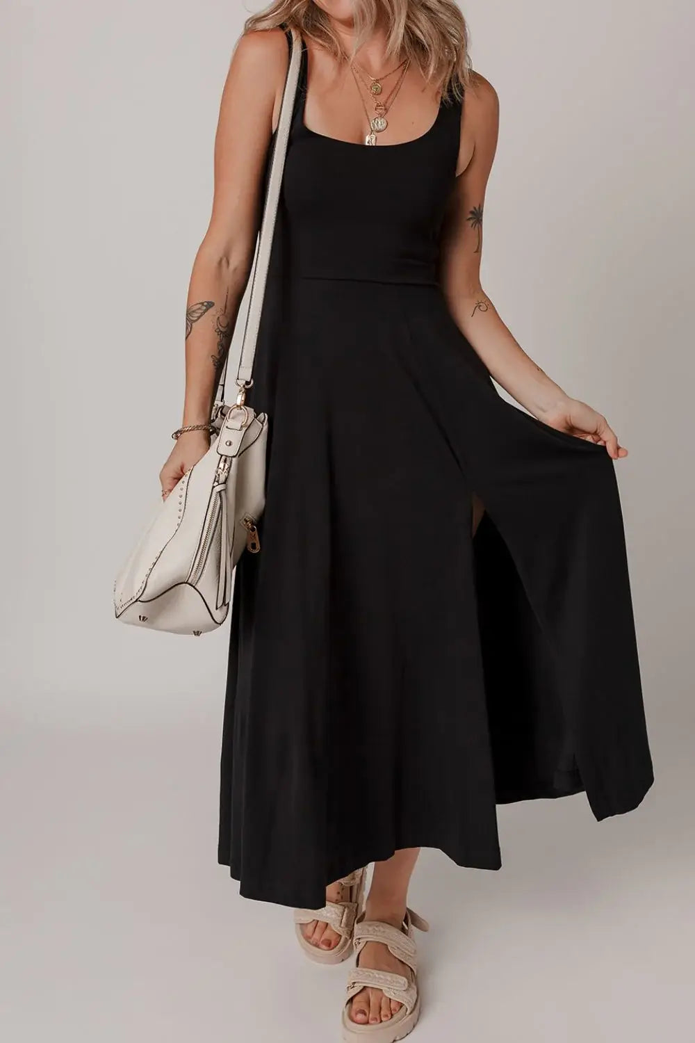Side Slit Scoop Neck Wide Strap Dress - Trendsi - Flyclothing LLC