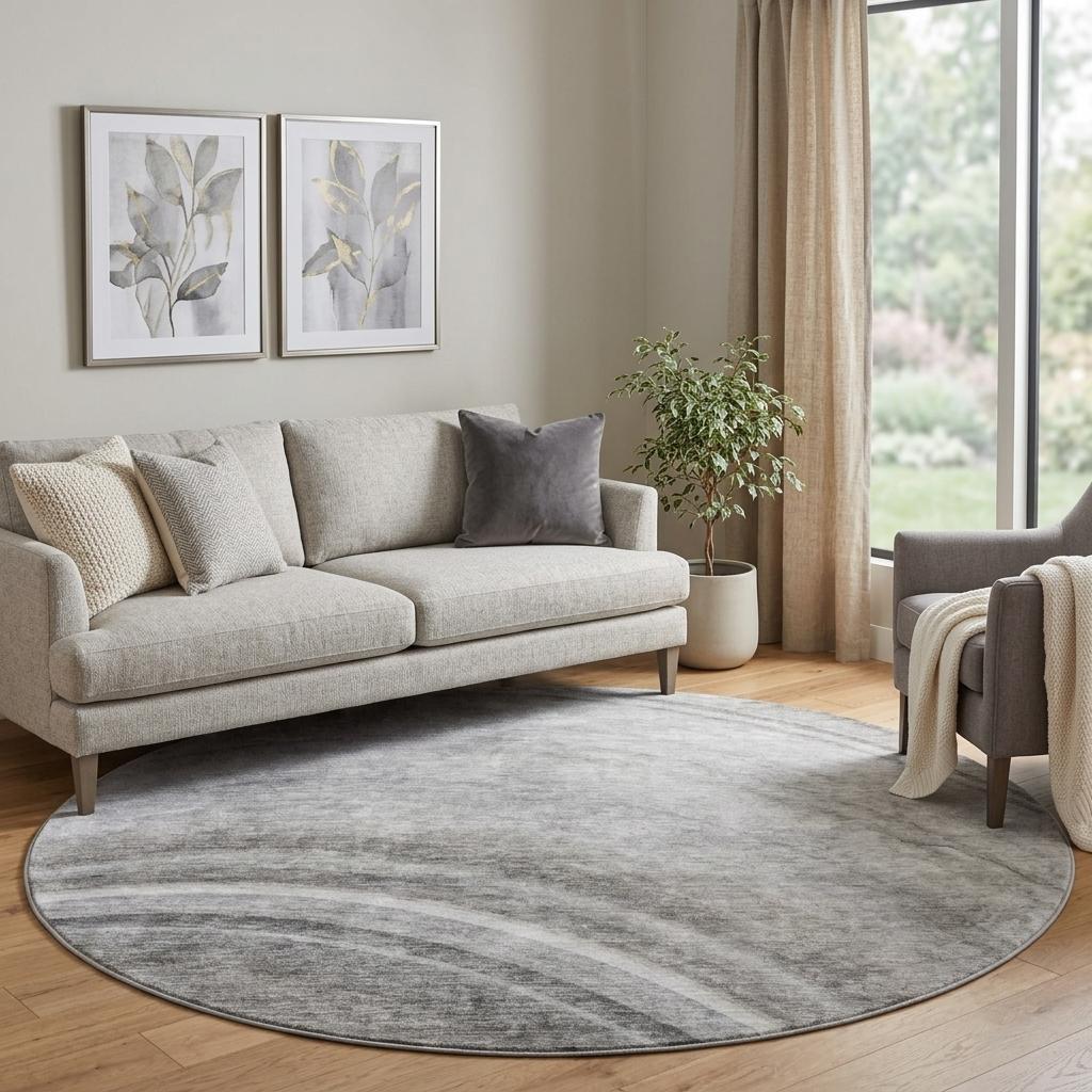 8' Gray And Silver Abstract Shag Washable Round Rug With UV Protection - HomeRoots - Flyclothing LLC