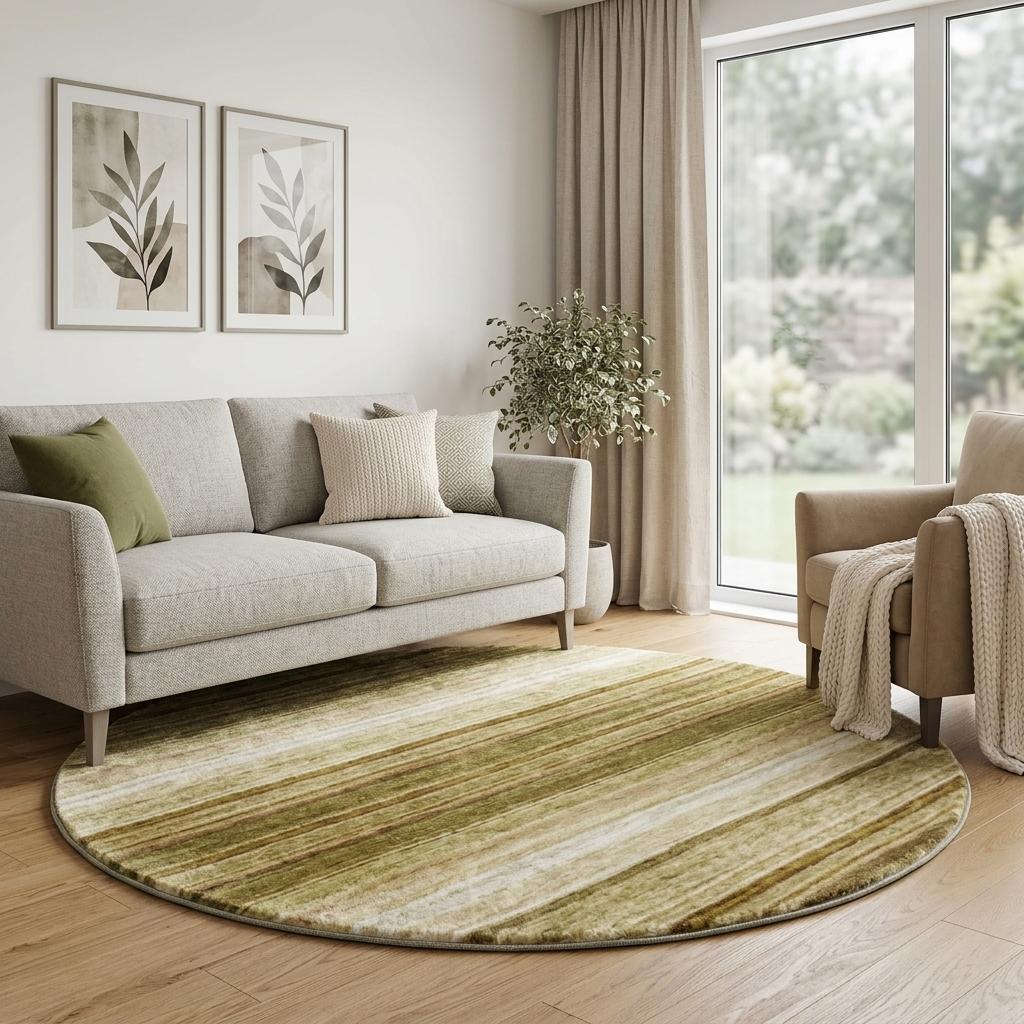 8' Beige And Taupe Striped Shag Washable Round Rug With UV Protection - HomeRoots - Flyclothing LLC