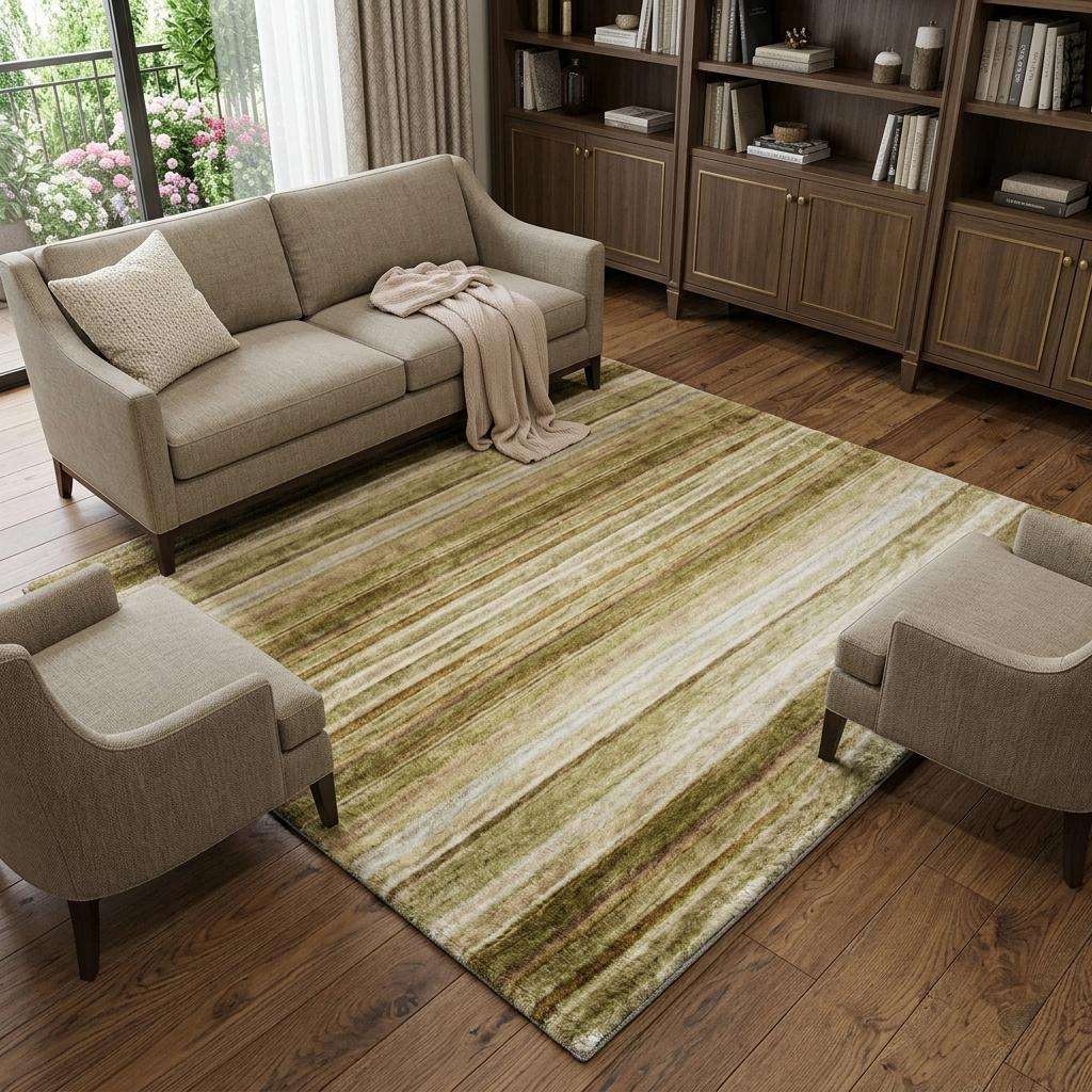 9' X 12' Beige And Taupe Striped Shag Washable Area Rug With UV Protection - HomeRoots - Flyclothing LLC