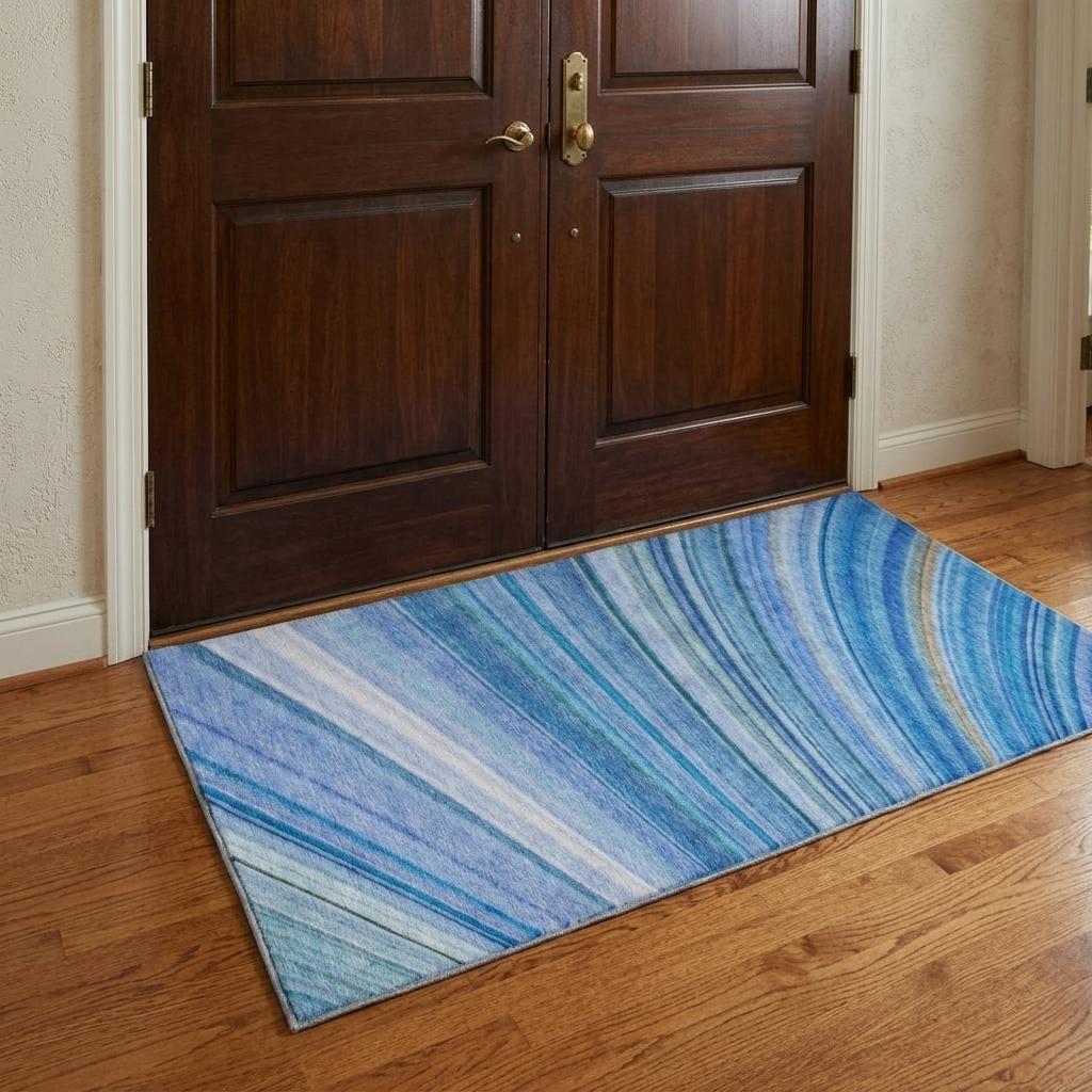 3' X 5' Blue And Denim Blue Striped Shag Washable Area Rug With UV Protection - HomeRoots - Flyclothing LLC