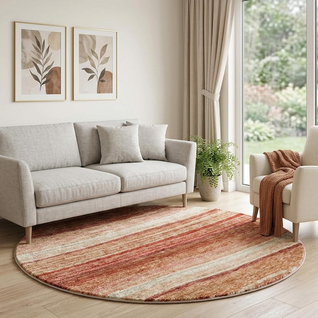 8' Terra Cotta And Salmon Striped Shag Washable Round Rug With UV Protection - HomeRoots - Flyclothing LLC