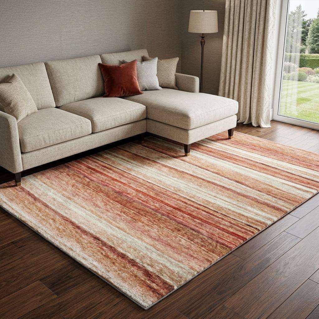9' X 12' Terra Cotta And Salmon Striped Shag Washable Area Rug With UV Protection - HomeRoots - Flyclothing LLC