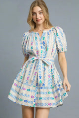 Umgee Printed Tie Waist Puff Short Sleeve Mini Dress - Trendsi - Flyclothing LLC