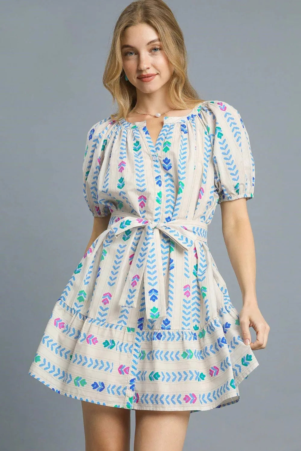 Umgee Printed Tie Waist Puff Short Sleeve Mini Dress - Trendsi