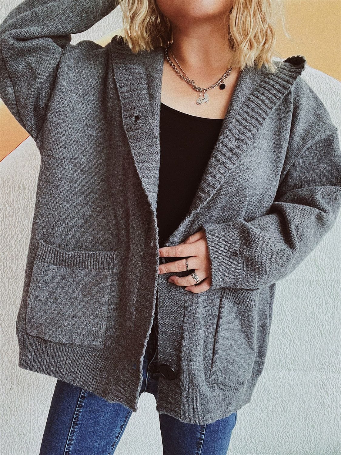 Dropped Shoulder Long Sleeve Hooded Cardigan - Trendsi
