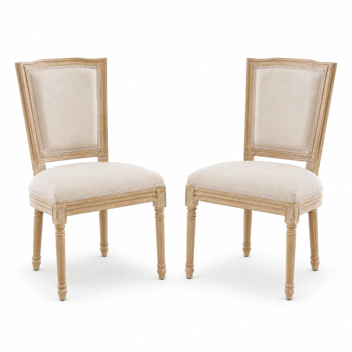 Set of Two Beige And Natural Linen And Solid Wood Dining Side Chairs