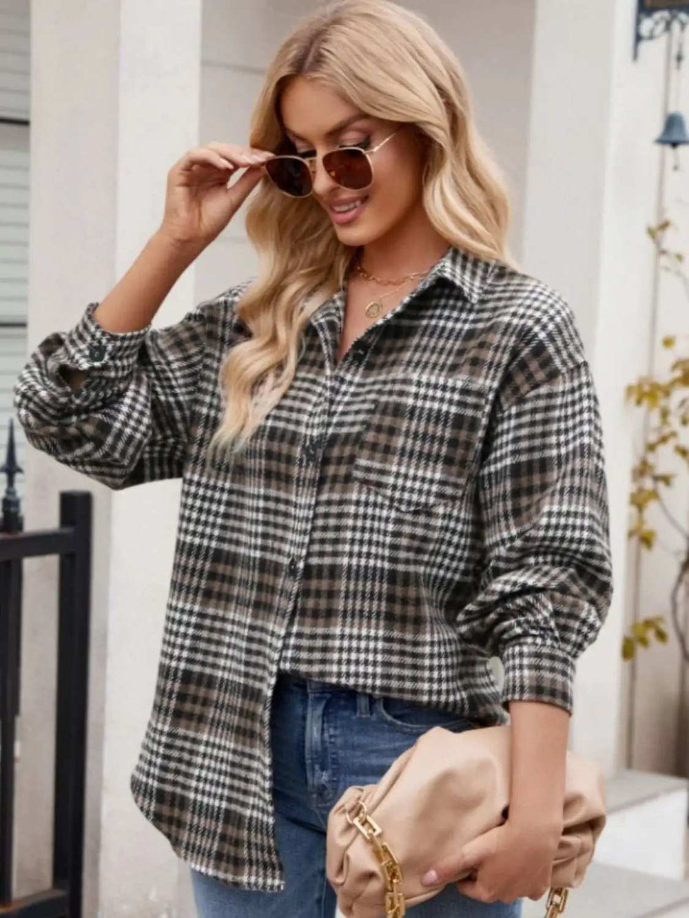 Pocketed Plaid Collared Neck Long Sleeve Shirt - Trendsi - Flyclothing LLC