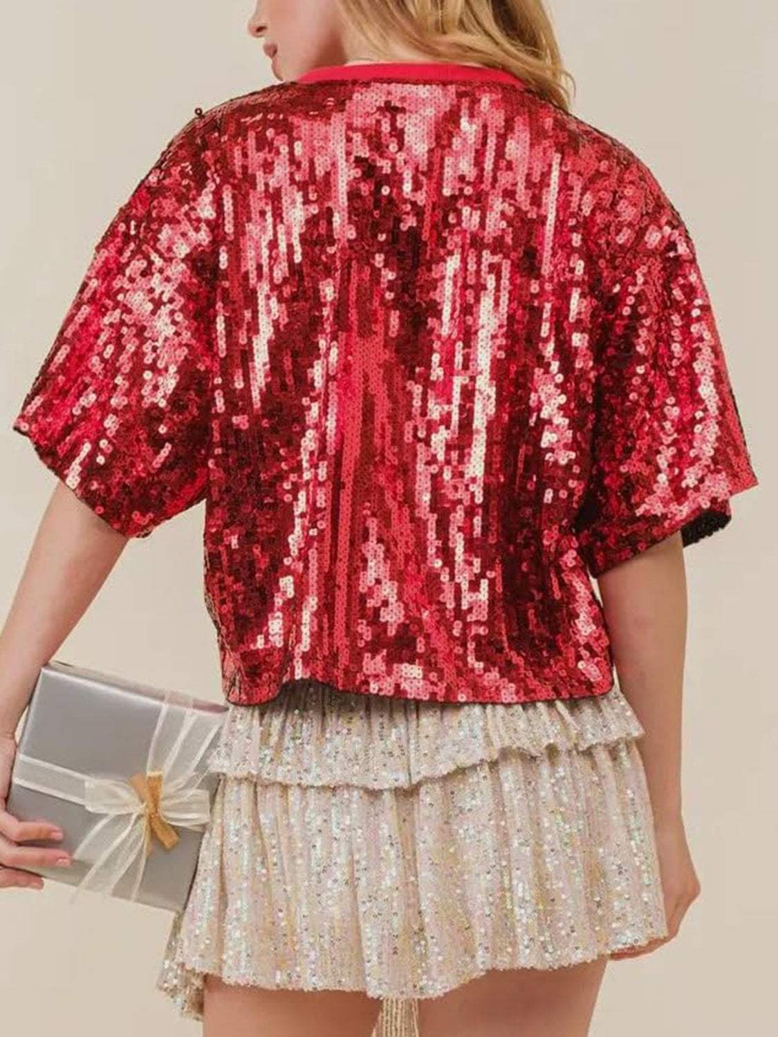 Sequin Bow Graphic Round Neck Half Sleeve T-Shirt - Trendsi - Flyclothing LLC