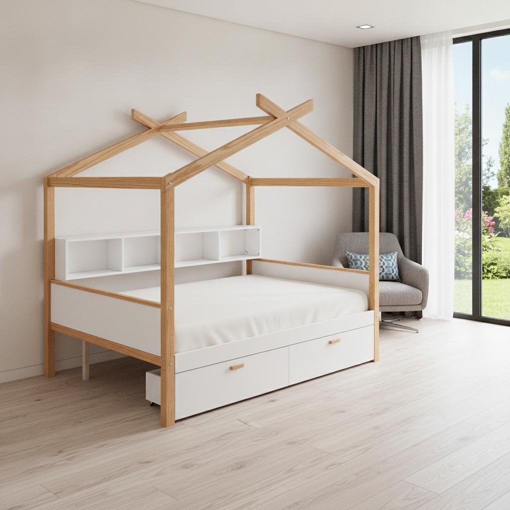 Natural Solid Wood Full House Bed - HomeRoots - Flyclothing LLC