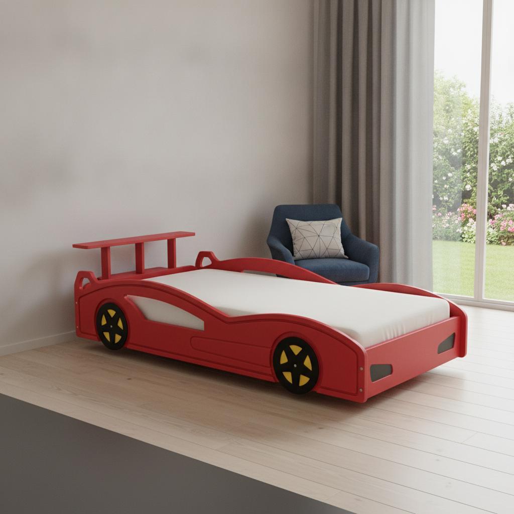 Red And Yellow Solid Wood Twin Race Car Bed