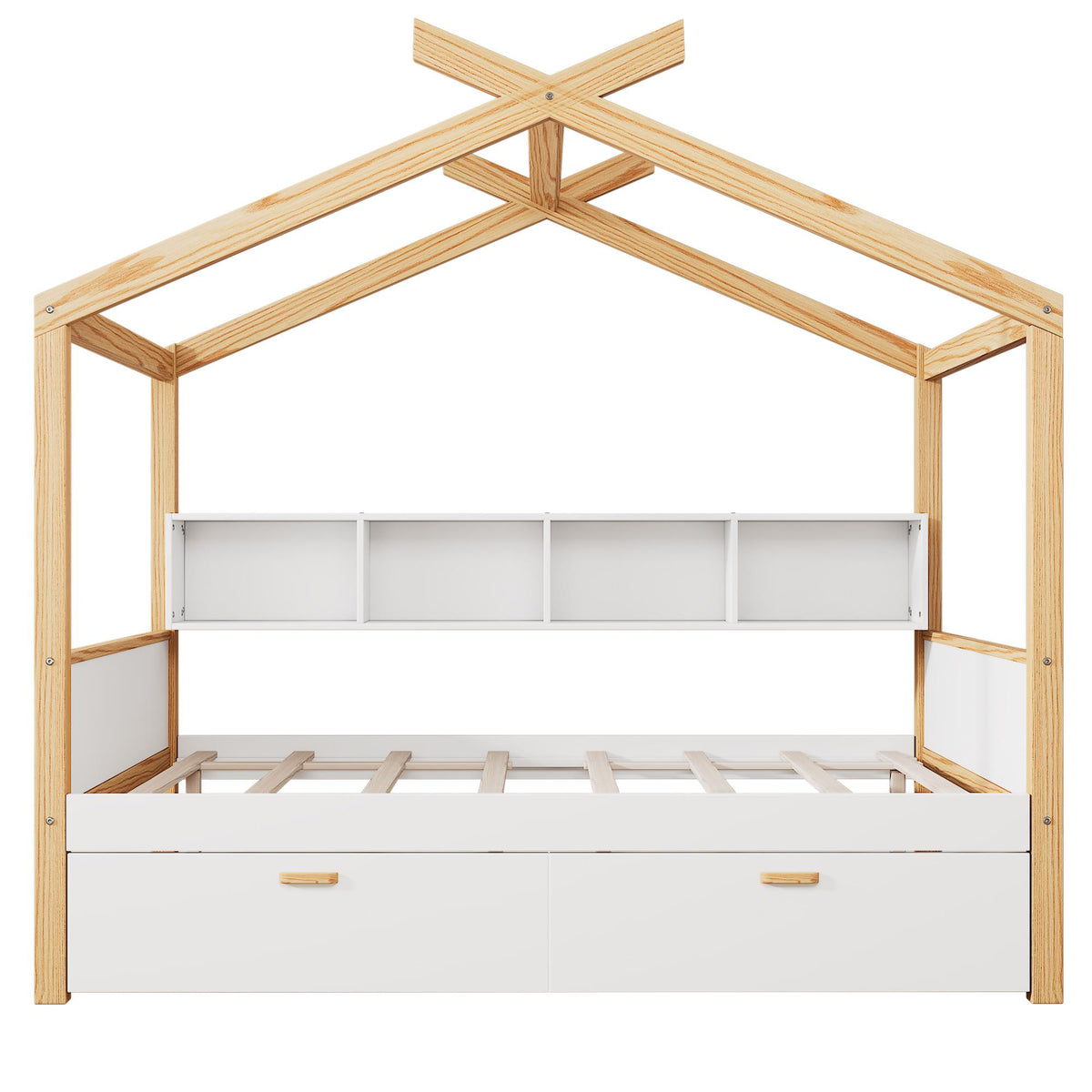Natural And White Solid Wood Full House Bed