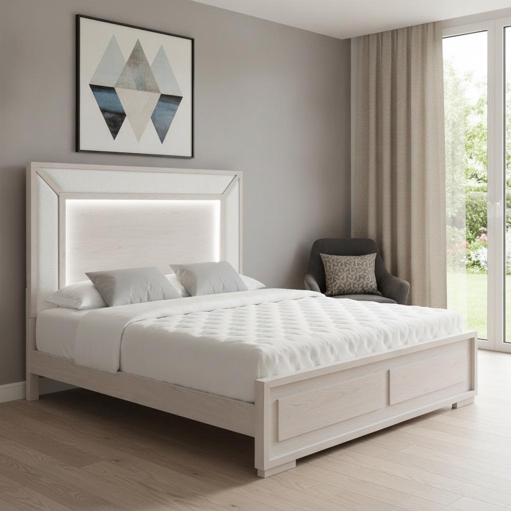 Beige Wood And Upholstery Lighted Upholstered Full Bed Frame - HomeRoots - Flyclothing LLC