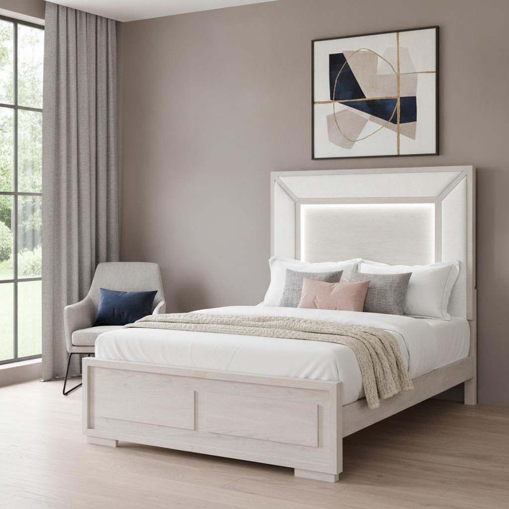 Beige Wood And Upholstery Lighted Upholstered Queen Bed Frame - HomeRoots - Flyclothing LLC