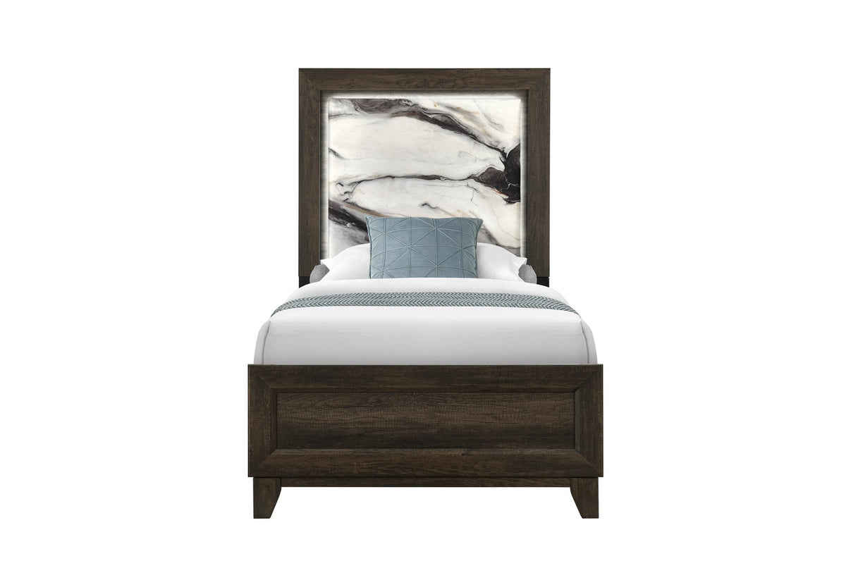Brown Wood And Upholstery Lighted Upholstered Twin Bed Frame - HomeRoots - Flyclothing LLC