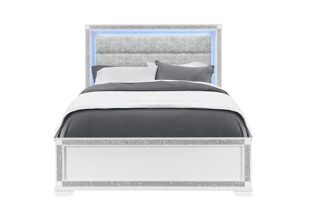 White Faux Crystal Bling Wood Lighted Queen Bed Frame - HomeRoots - Flyclothing LLC