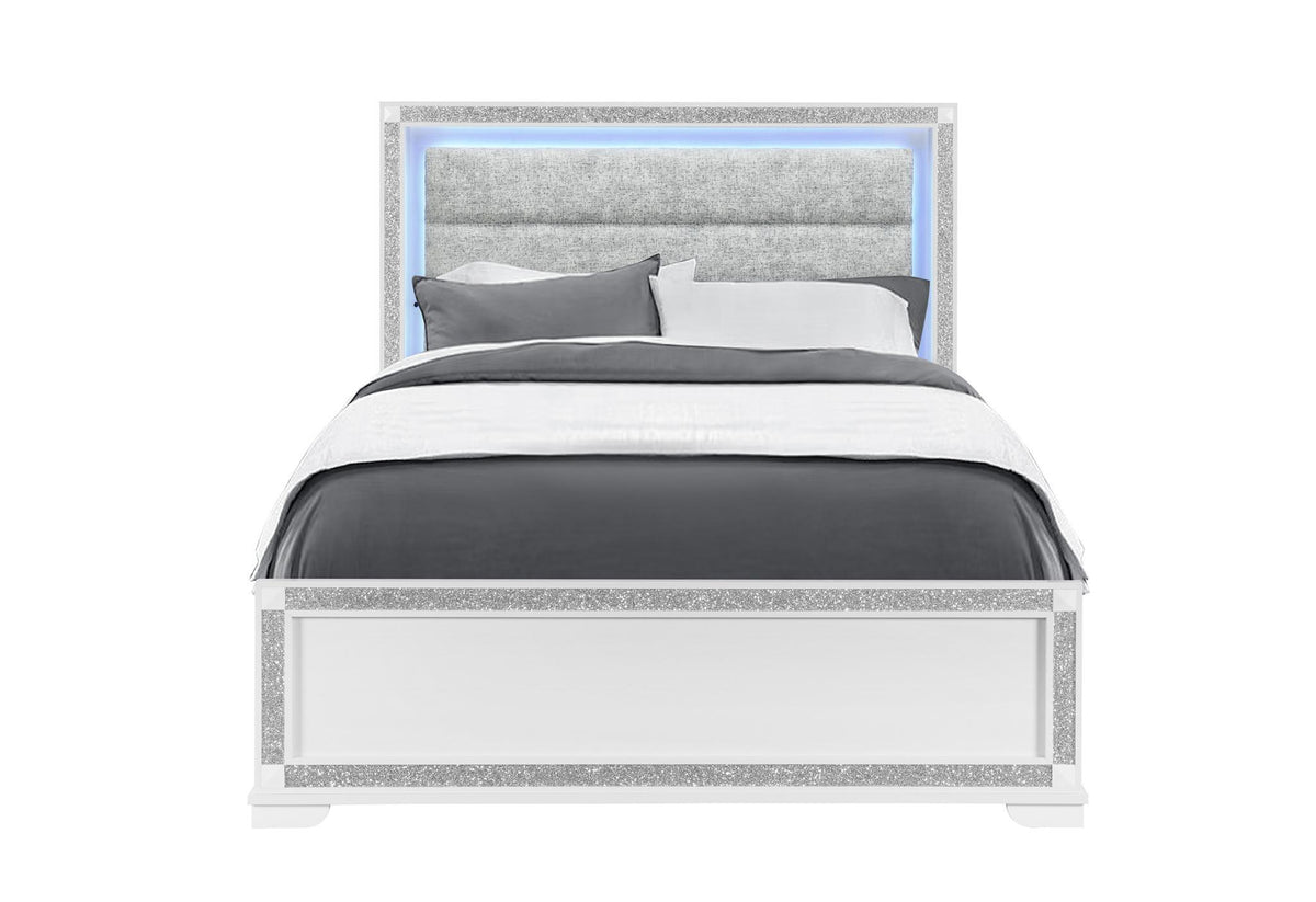 White Faux Crystal Bling Wood Lighted Queen Bed Frame - HomeRoots - Flyclothing LLC
