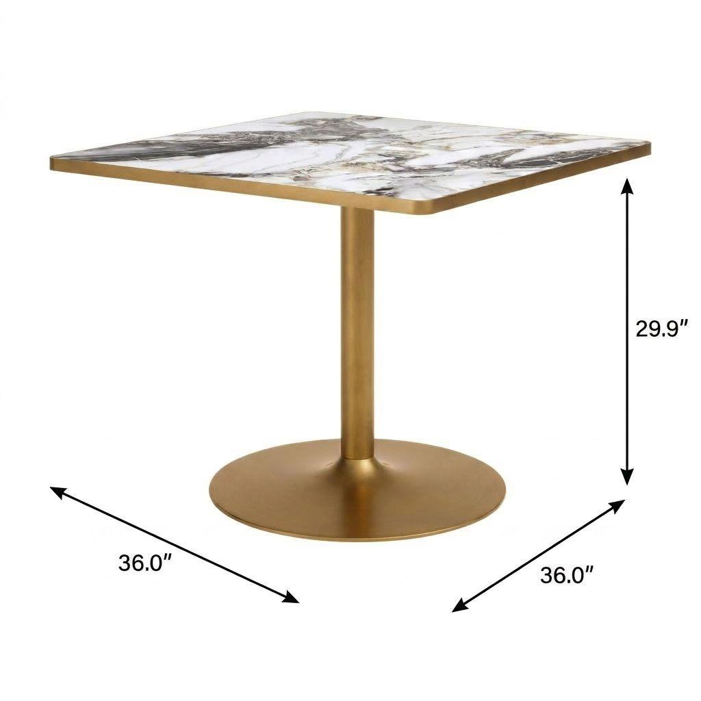 36" Gray White And Gold Faux Marble And Steel Pedestal Base Square Dining Table - HomeRoots - Flyclothing LLC