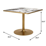 36" Gray White And Gold Faux Marble And Steel Pedestal Base Square Dining Table - HomeRoots - Flyclothing LLC
