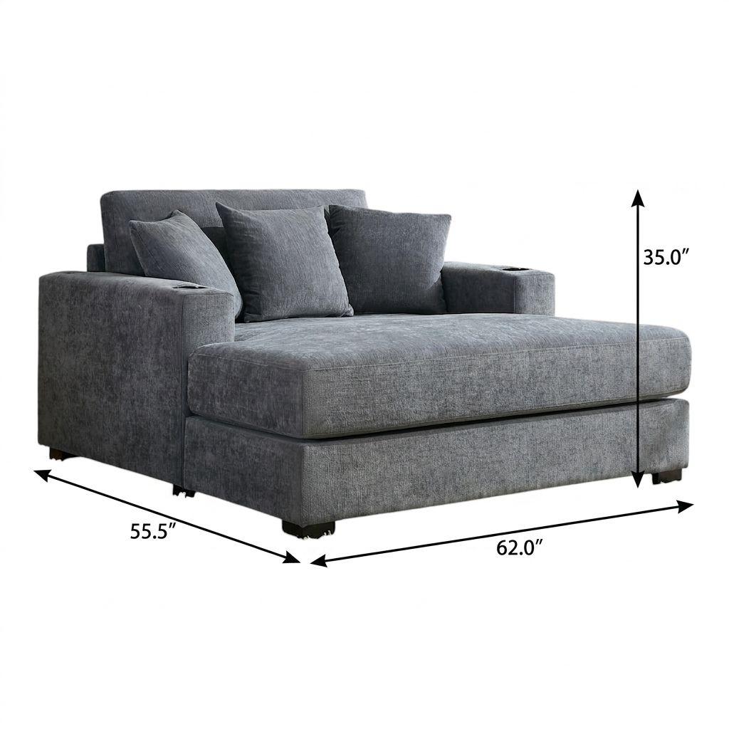 62" Gray Chenille And Solid Wood Chaise Lounge Chair