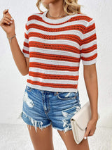 Openwork Striped Round Neck Short Sleeve Knit Top - Trendsi - Flyclothing LLC