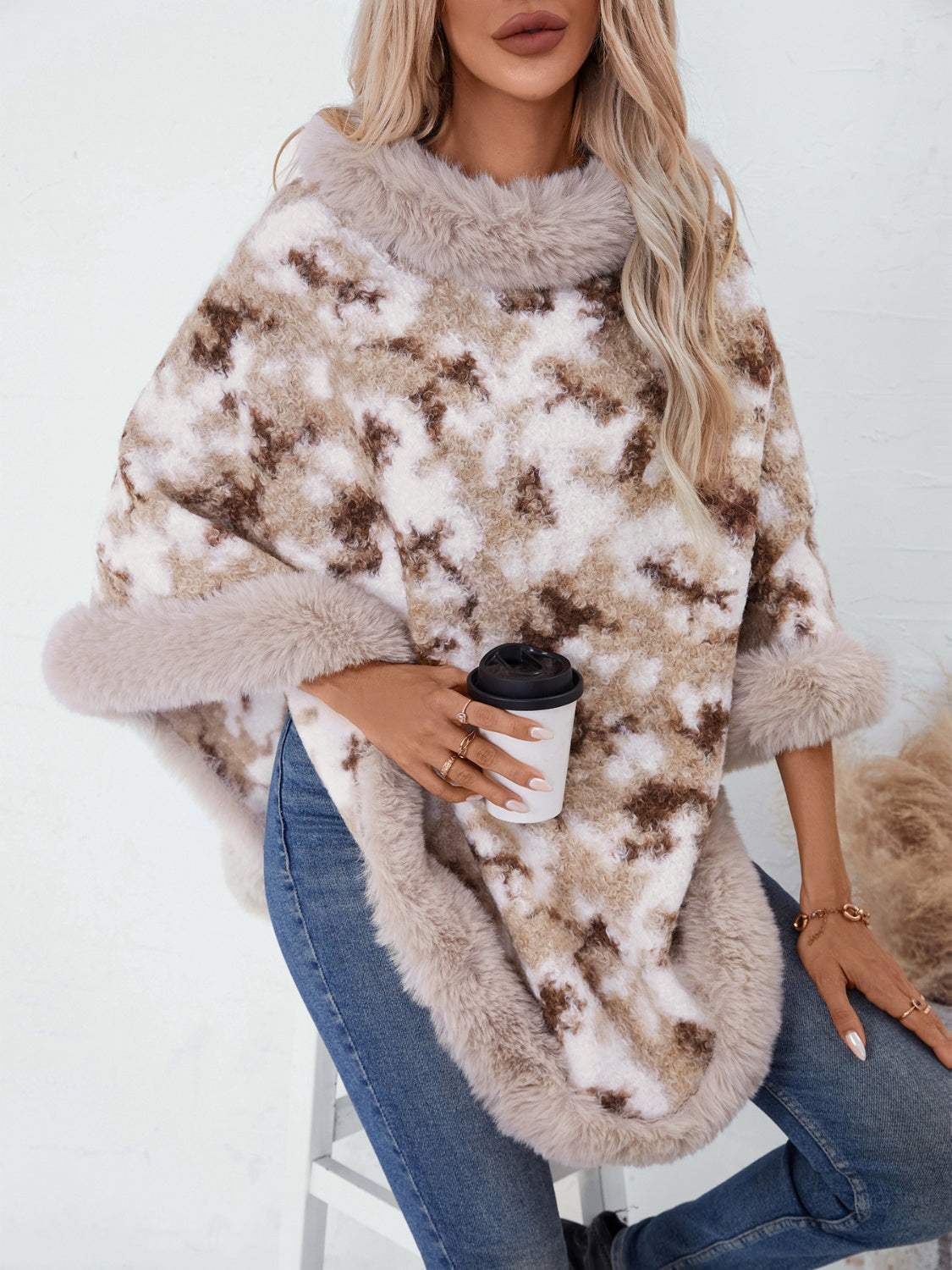 Furry Contrast Three-Quarter Poncho - Trendsi - Flyclothing LLC