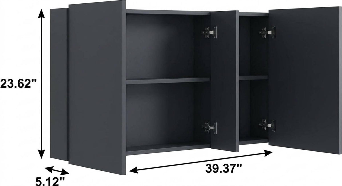 5" Black Glass Wall Mounted No Textural Detailing Double Door Medicine Cabinet - HomeRoots - Flyclothing LLC