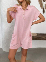 Button Detail Collared Neck Short Sleeve Romper - Trendsi - Flyclothing LLC