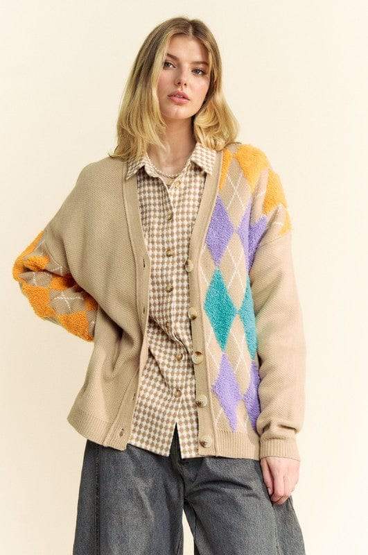 Davi & Dani Argyle V-Neck Dropped Shoulder Cardigan - Trendsi - Flyclothing LLC