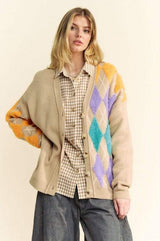 Davi & Dani Argyle V-Neck Dropped Shoulder Cardigan - Trendsi - Flyclothing LLC