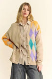 Davi & Dani Argyle V-Neck Dropped Shoulder Cardigan - Trendsi