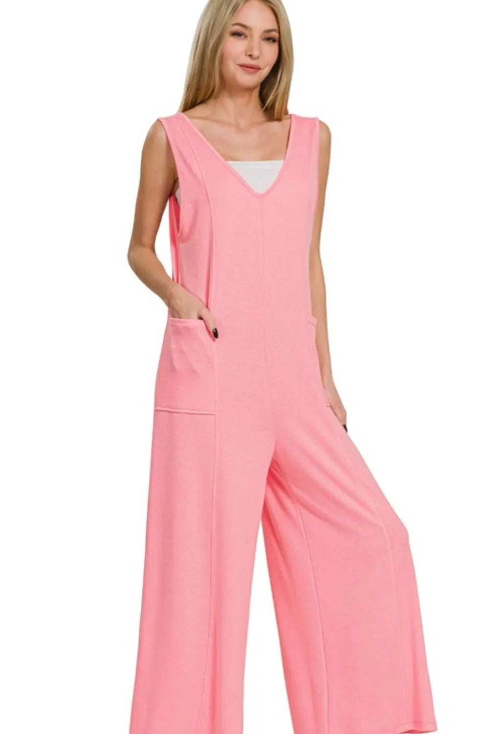 Zenana French Terry Deep V Neck Jumpsuits - Trendsi - Flyclothing LLC