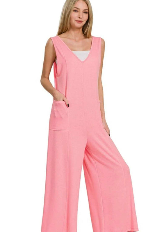 Zenana French Terry Deep V Neck Jumpsuits - Trendsi - Flyclothing LLC