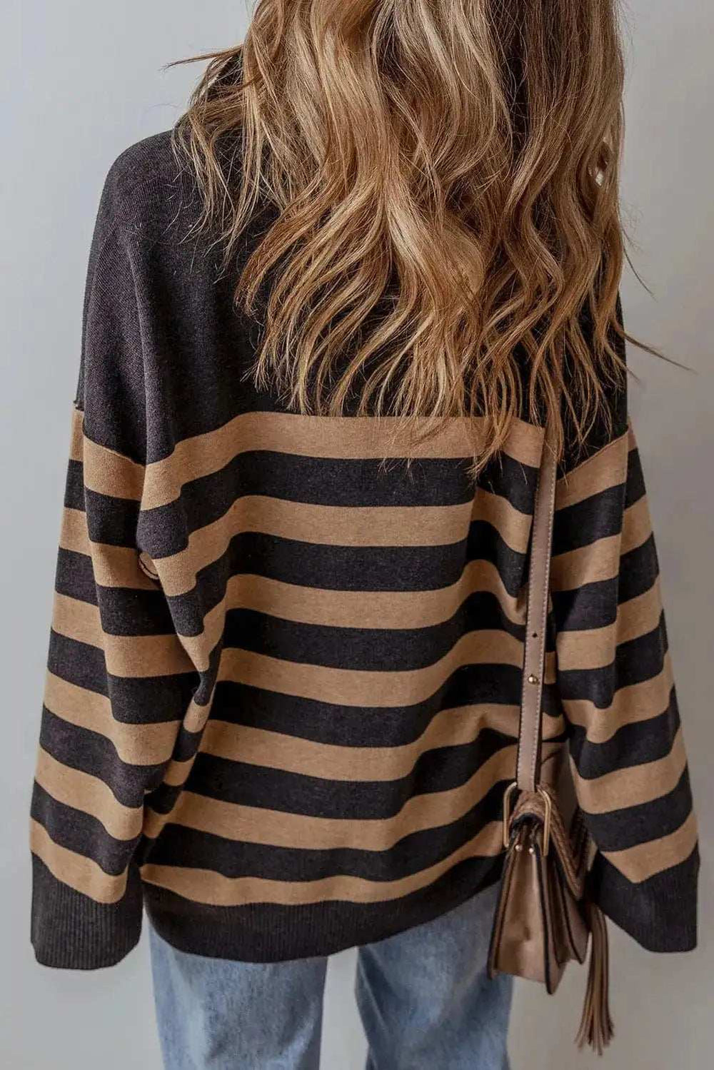 Striped Half Zip Long Sleeve Knit Top - Trendsi - Flyclothing LLC