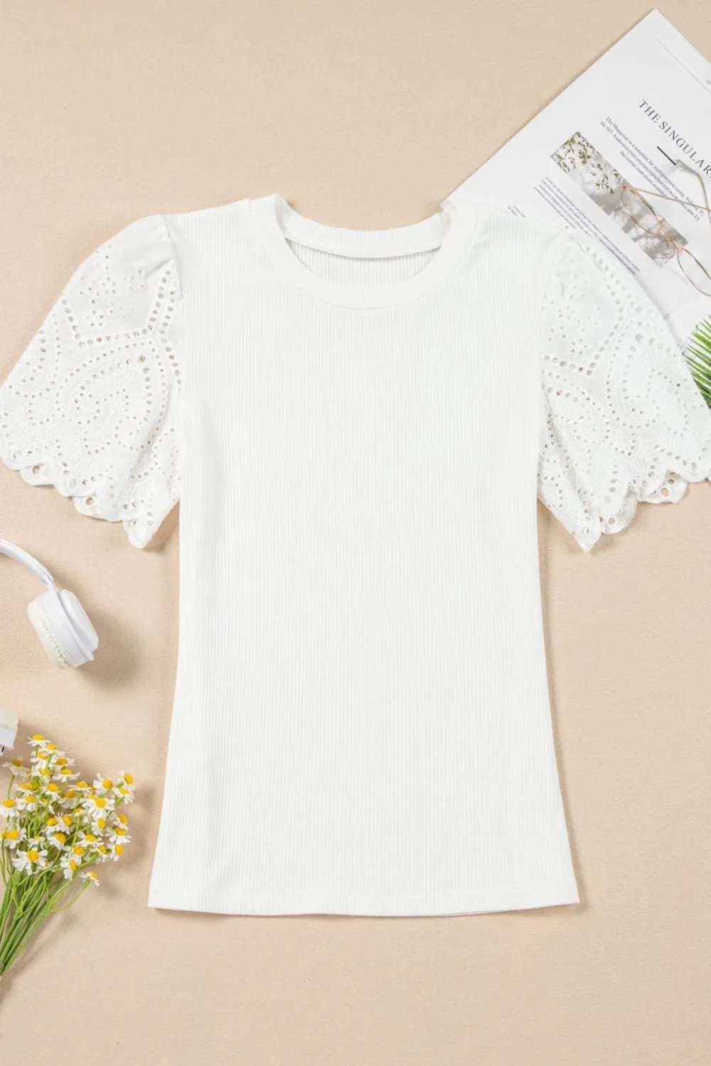 Eyelet Short Sleeve Patchwork Ribbed Top - Trendsi - Flyclothing LLC