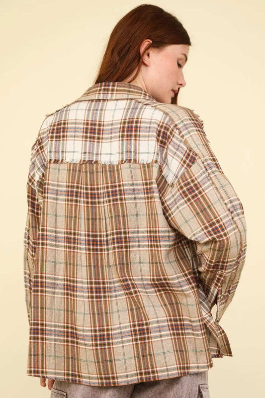 VERY J Contrast Plaid Raw Detail Shirt - Trendsi - Flyclothing LLC