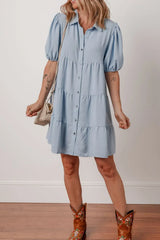 Button Up Puff Sleeve Tiered Shirt Dress - Trendsi - Flyclothing LLC