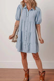 Button Up Puff Sleeve Tiered Shirt Dress - Trendsi - Flyclothing LLC