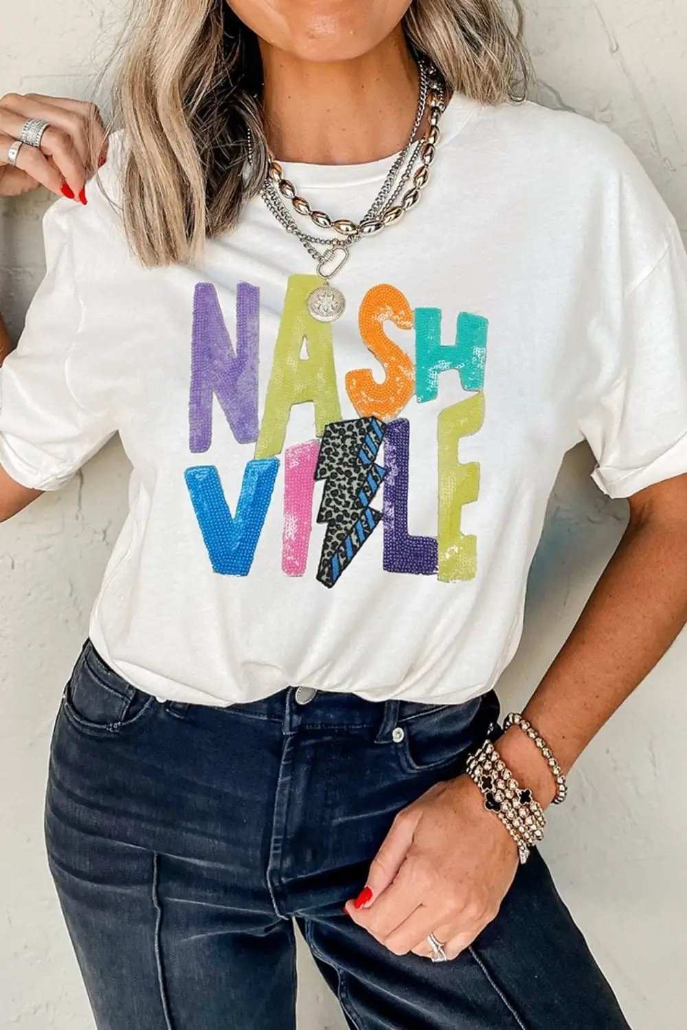 Lightening NASHVILLE Sequin Round Neck T-Shirt - Trendsi - Flyclothing LLC