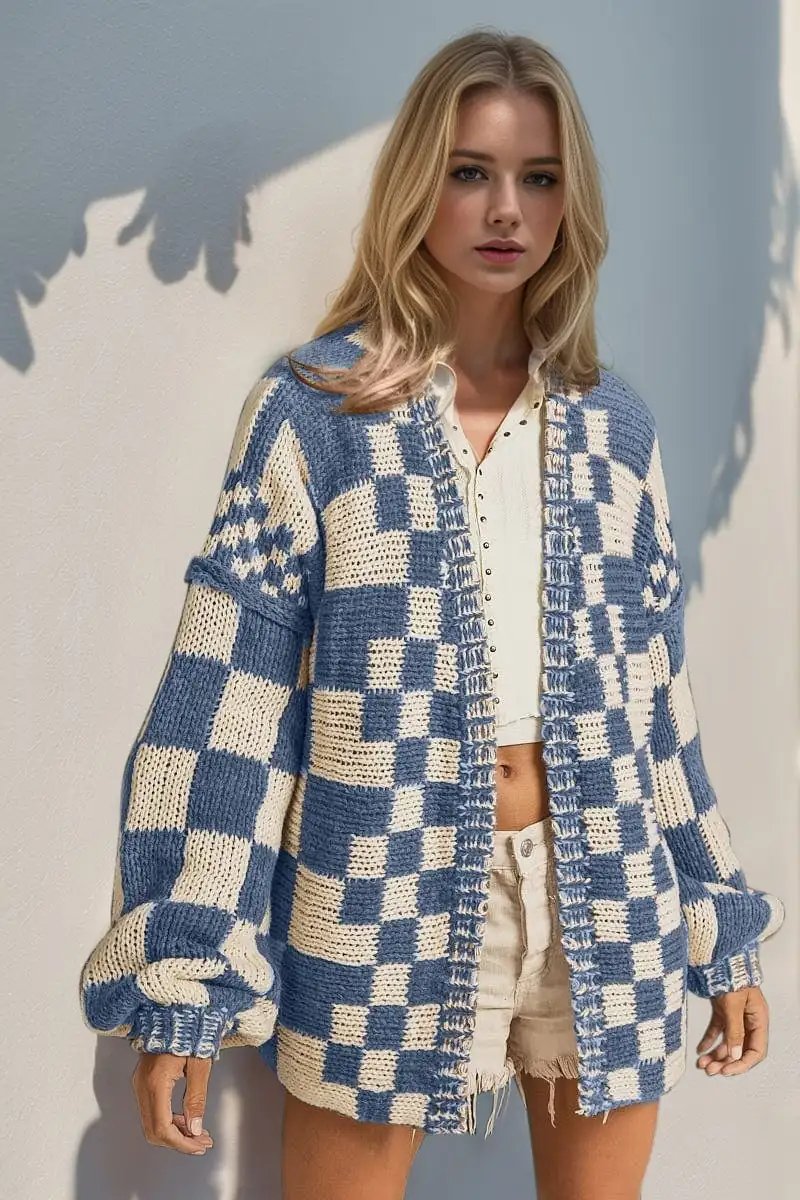Double Take Full Size Open Front Checkered Drop Shoulder Cardigan - Trendsi