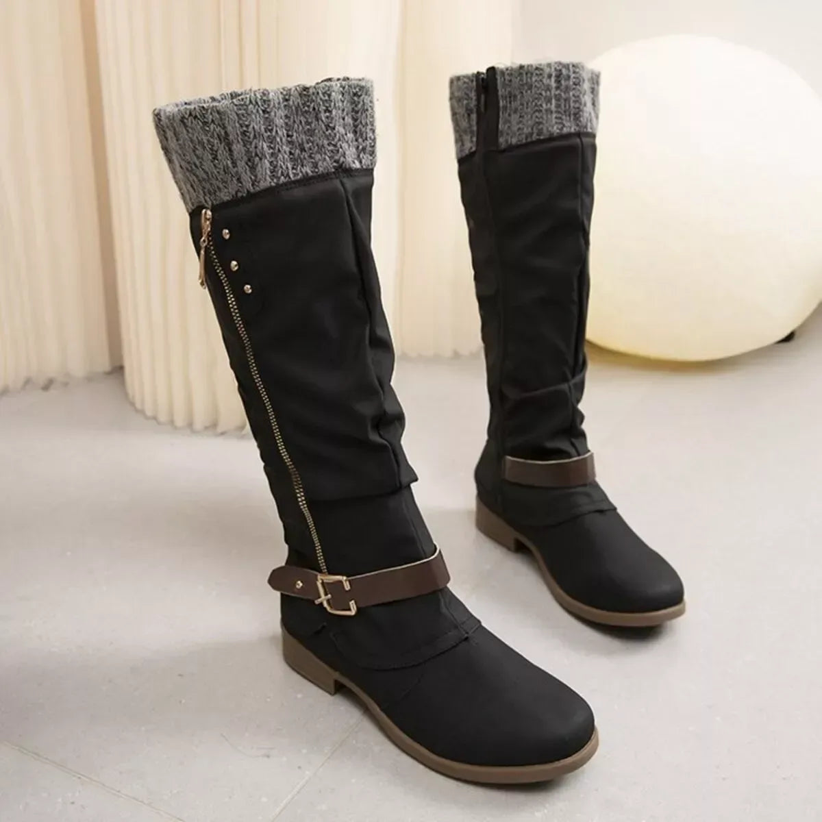 Knee High Slouch Boots with Knit Cuff - Trendsi - Flyclothing LLC