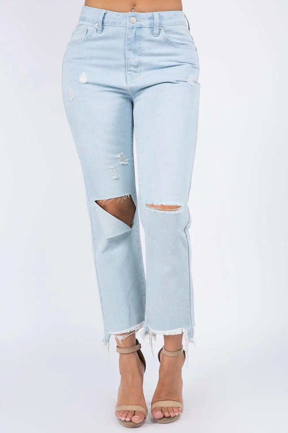 American Bazi High Waist Distressed Raw Hem Jeans - Trendsi
