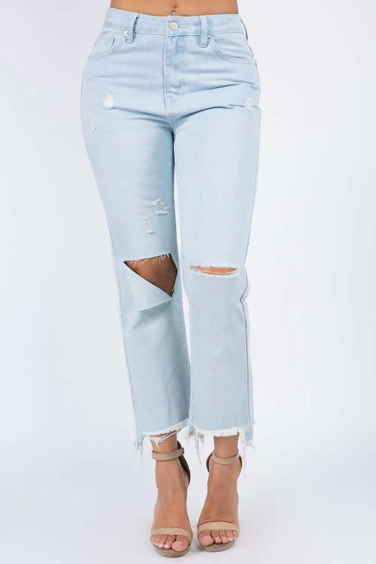 American Bazi High Waist Distressed Raw Hem Jeans - Trendsi - Flyclothing LLC