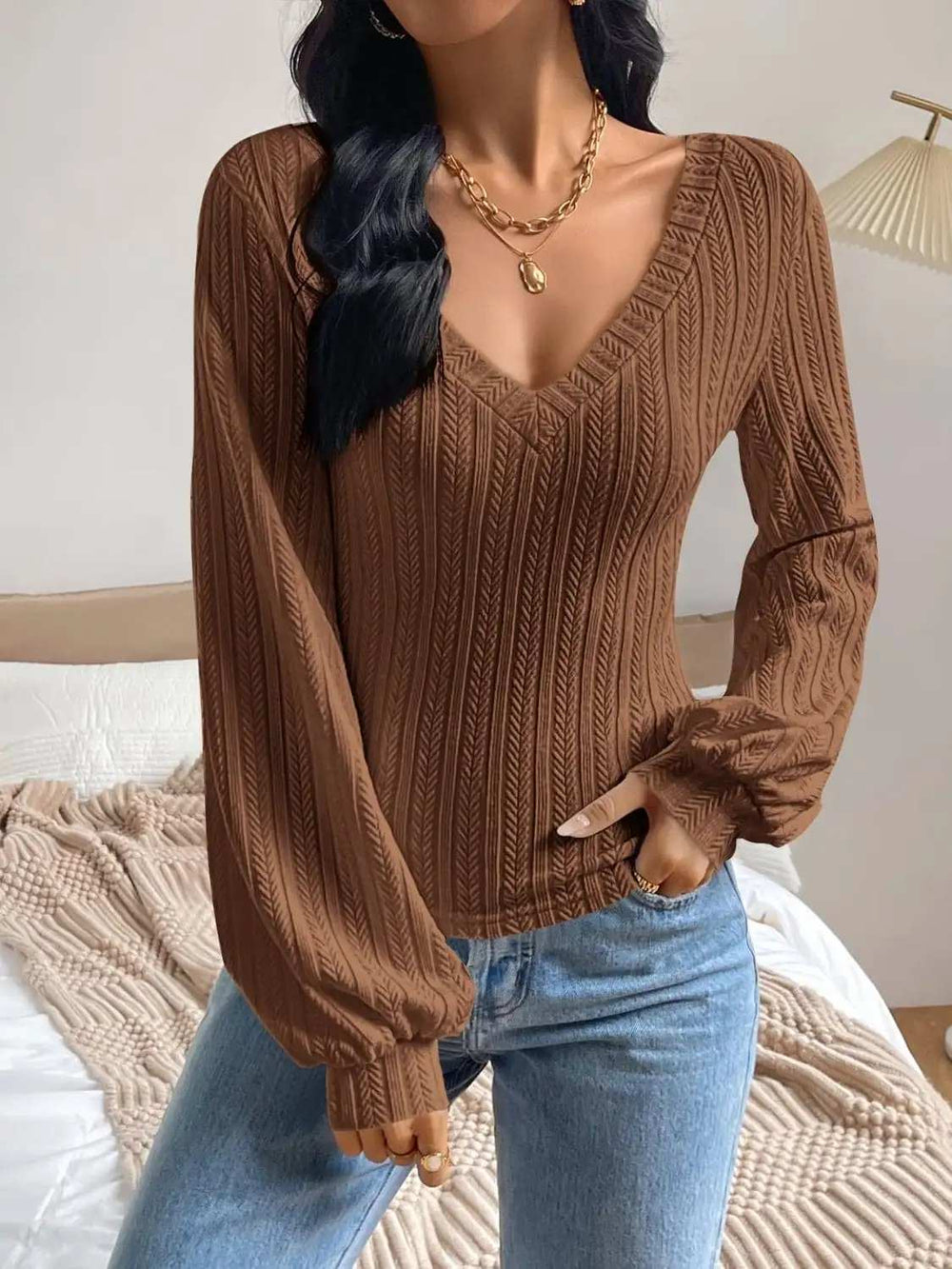 V-Neck Long Sleeve T-Shirt - Trendsi - Flyclothing LLC