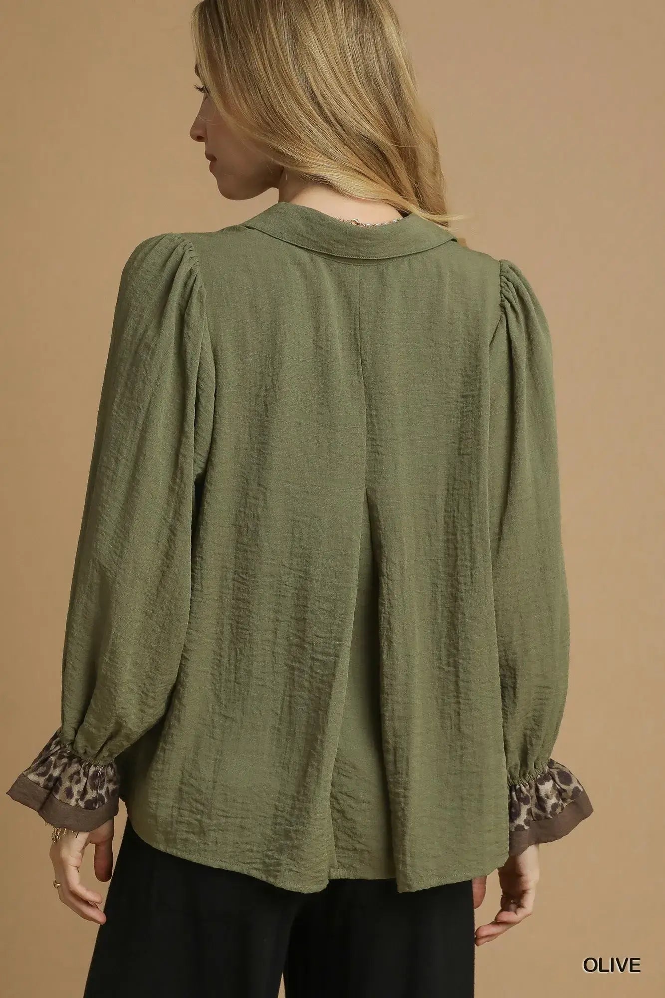 Umgee Half Button Blouse with Leopard Print Trim - Trendsi - Flyclothing LLC