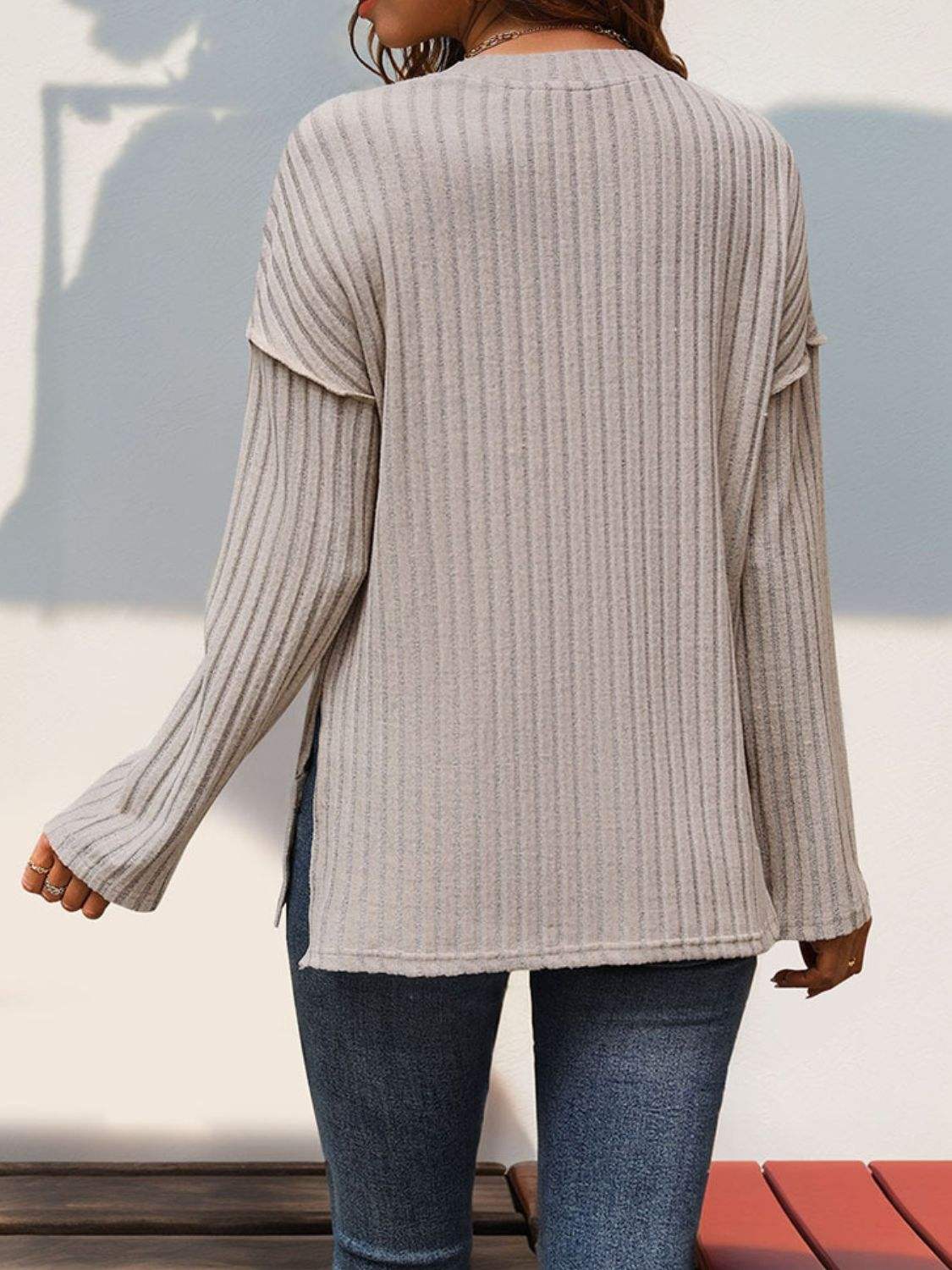 Slit Half Button Long Sleeve T-Shirt - Trendsi - Flyclothing LLC