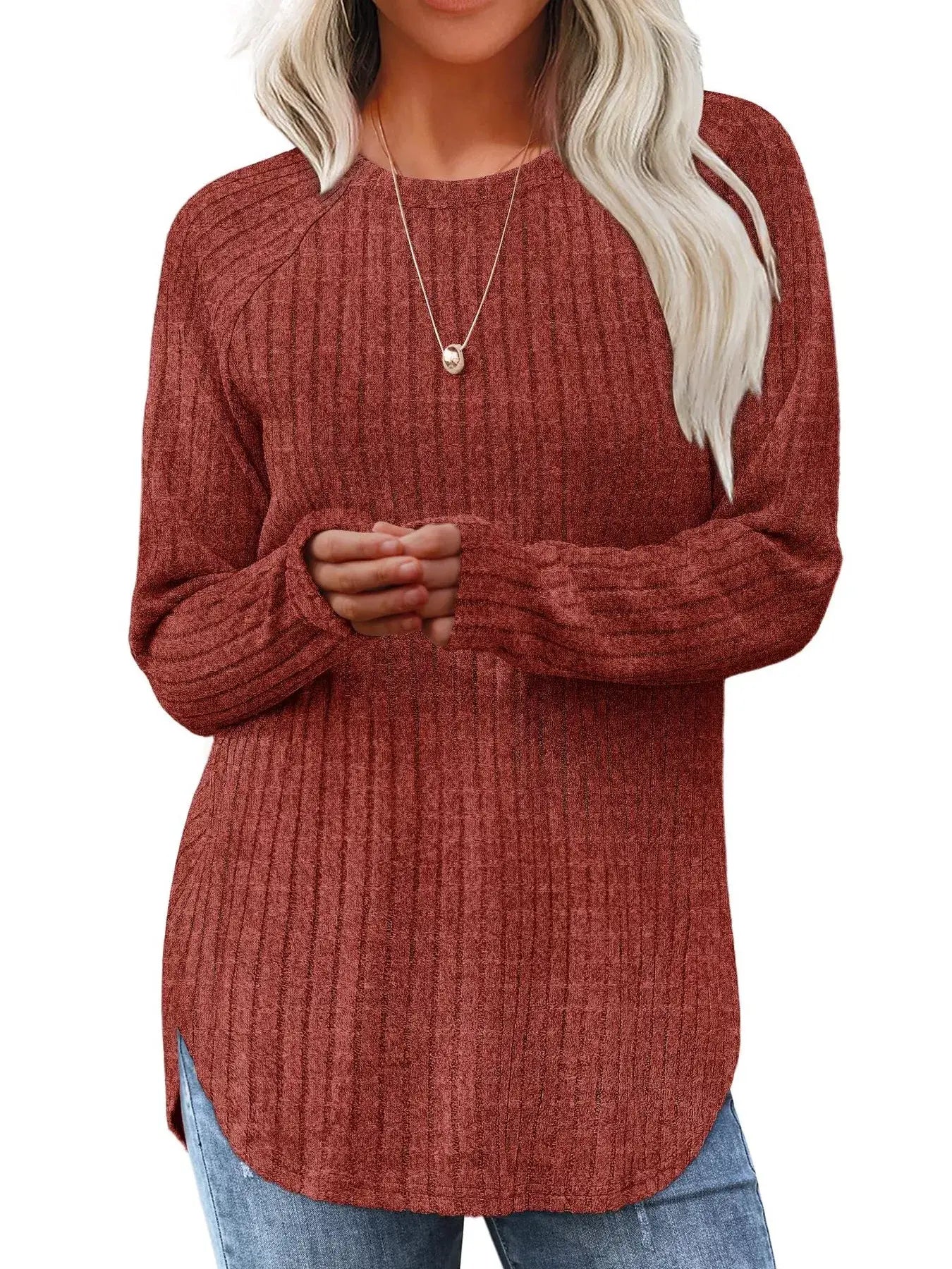 Ribbed Knit Long Sleeve T-Shirt - Trendsi - Flyclothing LLC